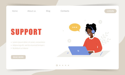 Customer support. Landing page template. Call center or hotline. African woman with headphones and microphone with laptop. Operator advises clients. Vector illustration in flat cartoon style.