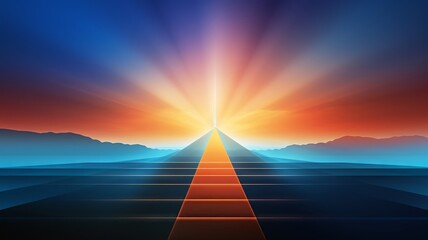 Light-infused arrow soaring up steps that transition from deep blue to sunrise orange in a gradient sky - obrazy, fototapety, plakaty