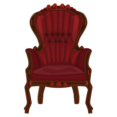 Red armchair on white background. Soft armchair with upholstery. Vintage cushioned furniture. Retro chair or couch for rest and relax. Part of interior of living room or office. Front view. Vector