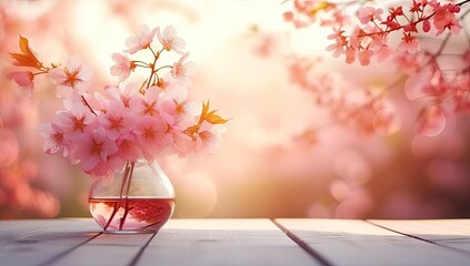 Springtime cherry blossoms sunny and bright pink Sakura flowers. Blurred background of trees floral beauty in nature design. Macro view of blossom soft sunlight and fresh spring petals on wood table