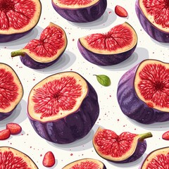 Fruit Pattern Fresh Fig Slices On White Background, Illustrations Images