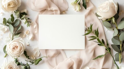 Wedding invitation, blank white paper canvas. Add your text. Inspiration, flower minimalistic design with pastel colors. Moody pictures. - obrazy, fototapety, plakaty