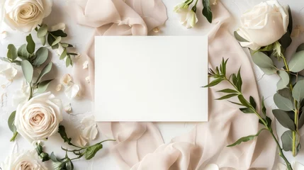 Foto auf Leinwand Wedding invitation, blank white paper canvas. Add your text. Inspiration, flower minimalistic design with pastel colors. Moody pictures. © dejanskipina