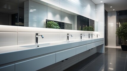 Row of clean, white washbasins with mirrors reflecting a hygienic public restroom's interior design - obrazy, fototapety, plakaty