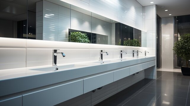 Row of clean, white washbasins with mirrors reflecting a hygienic public restroom's interior design