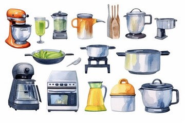 Kitchen appliances that can bake, heat food, mix various substances, mince, keep products fresh and mix ingredients. Watercolor style.