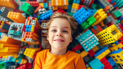 An imaginative 8-year-old dives into a world of endless possibilities, surrounded by an eclectic collection of vibrant Lego builds.