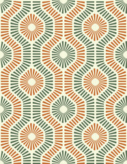 Fototapeta na wymiar Seamless repeating pattern with a geometric motif of green and orange striped lines on a white background. Hexagon shape elements. Abstract design in retro style. 