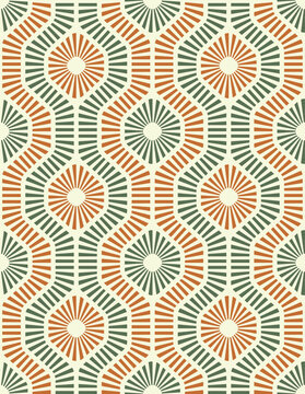 Seamless repeating pattern with a geometric motif of green and orange striped lines on a white background. Hexagon shape elements. Abstract design in retro style. 