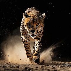Cheetah running and hunting with dust being kicked up in the air, high-speed camera, shadow-play