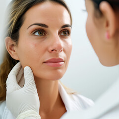 Woman dermatologist in clinic inspecting female patient's skin with gloves, room for text, white background, off center, closeup view