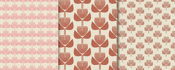 Set of three seamless patterns, retro abstract style backgrounds with different shapes. Flowers. Design vector templates