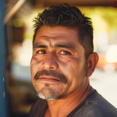 Obraz premium Natural portrait shot of relaxed man, mobile coffee shop owner, outside, shot with analog camera, morning, sunny, bright, clear sky