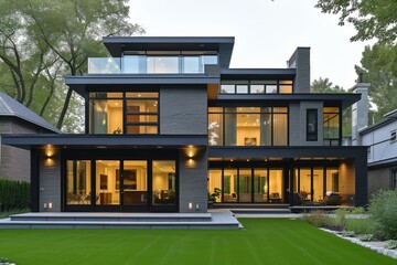 modern home fasade with french black alluminum doors, big windows, minimalist - obrazy, fototapety, plakaty