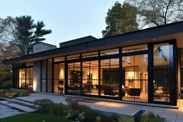 Fototapeta premium modern home fasade with french black alluminum doors, big windows, minimalist