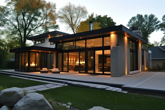 modern home fasade with french black alluminum doors, big windows, minimalist