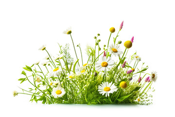 Spring grass and daisy flowers on white background - 724517331