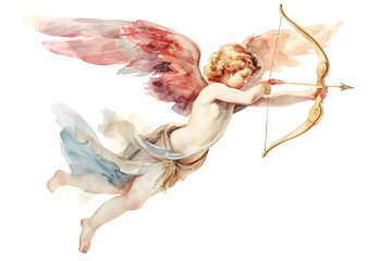 Cupid flying with bow and shooting his arrow watercolor illustration isolated on white background