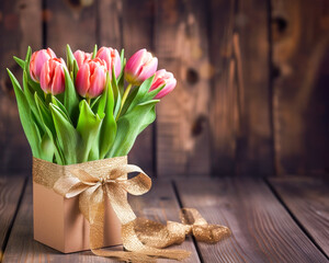 Bouquet of tulips on wooden background