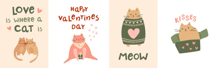 Happy Valentines day cards set with cute cats, greeting phrases, vector lettering design for 14 February. Funny cats in love, couple, kitty in box, pet wears sweater collection, romantic illustration. - 724517540