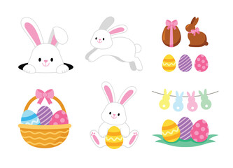 Easter bunny. Modern egg, bunnies for kids. Rabbit or hare, spring festive animal. Cute cartoon holiday vector illustration. Character design. Design elements.