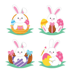 Easter bunny. Modern egg, bunnies for kids. Rabbit or hare, spring festive animal. Cute cartoon holiday vector illustration. Character design. Design elements.