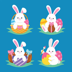 Easter bunny. Modern egg, bunnies for kids. Rabbit or hare, spring festive animal. Cute cartoon holiday vector illustration. Character design. Design elements.