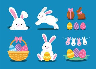 Easter bunny. Modern egg, bunnies for kids. Rabbit or hare, spring festive animal. Cute cartoon holiday vector illustration. Character design. Design elements.