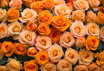 A lot of beautiful orenge rose flowers all over the place, for a beautiful bright wall background
