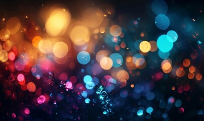 Obraz na płótnie Canvas Multicolor bokeh, raining light, blurry lights, blurry background, rainbow confettis on a black background, colorful, night lights, city lights, haze, Generative AI 