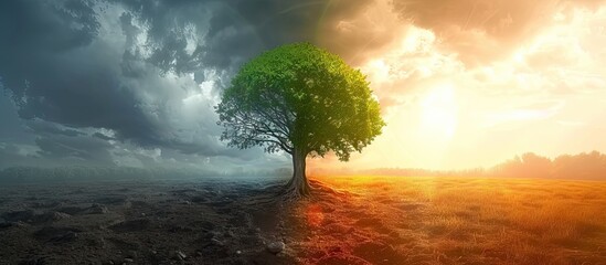 Tree under dramatic sky symbolizing climate change and nature resilience. Solitary oak in desert landscape clear dawn light. Green leaves meet arid land stark contrast of life and drought spring - obrazy, fototapety, plakaty