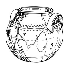 Hand drawn ink vector illustration, handmade traditional clay pottery ceramic vase. Single object isolated on white background. Design travel, vacation, brochure, print, cafe restaurant menu, shop