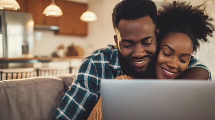 Couple using laptop, hugging and smile. 