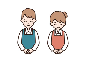 お辞儀をするエプロン姿の男性と女性のイラスト＿上半身