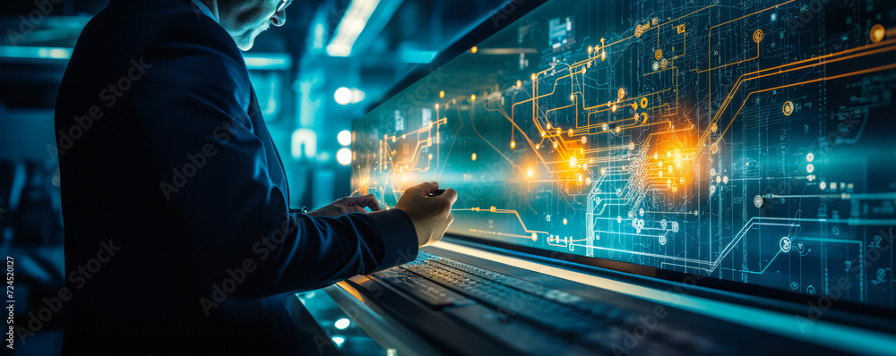 Poster network engineer utilizes advanced digital technology for cybersecurity in data center, analyzing da