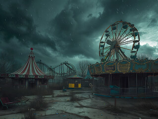 Deserted Amusement Park with Ferris Wheel and Roller Coaster Under Threatening Stormy Sky – Concept of Abandonment, Loneliness, and Impending Doom