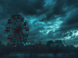 Dramatic Abandoned Amusement Park with Rusted Ferris Wheel Silhouette, Desolation and Mystery Concept - Moody Sky and Shadowy Hues in Depressed Scene