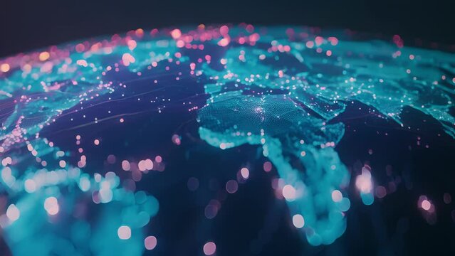 A futuristic neon rendering of the world map ilrating the seamless connections and borderless nature of our digital age.