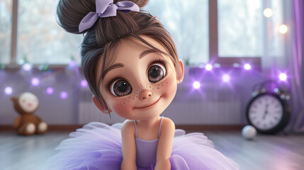 A delightful cartoon girl with a charming smile and sparkling eyes, showcased in a captivating 3D headshot illustration. Adorned with ballet slippers and wearing a soft lilac tutu, this ench