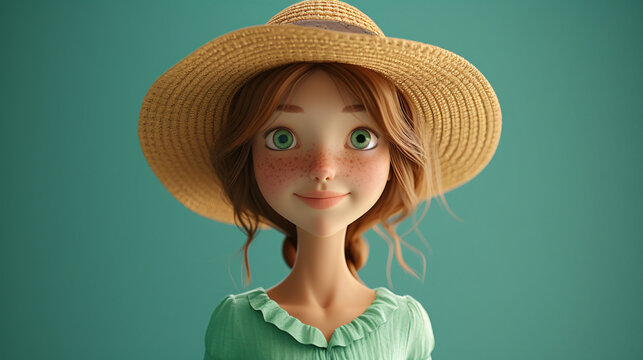 A charming and vibrant cartoon girl with a sun hat, exuding pure summer vibes. She is depicted in a 3D headshot illustration, wearing a chic mint green blouse. Perfect for adding a touch of
