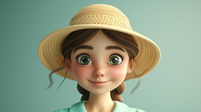 A charming and vibrant cartoon girl with a sun hat, exuding pure summer vibes. She is depicted in a 3D headshot illustration, wearing a chic mint green blouse. Perfect for adding a touch of