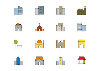Planche icone batiment edifice ville maison immeuble couleur