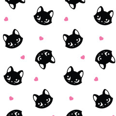 Pattern of cute cat. Pink, black, white cutie cat portrait in pastel colors. Sticker, wall art, background, kids room decoration. Cat cute face, portrait, kitten, pretty animal, little pussycat, pet.