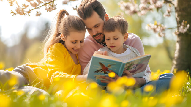 Happy family on a picnic reading  fairy tales with children