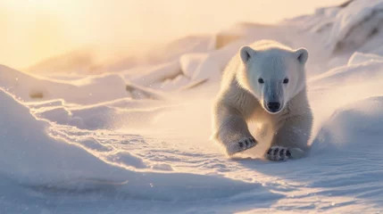 Fotobehang A baby polar bear running through the snow © Ruslan Gilmanshin
