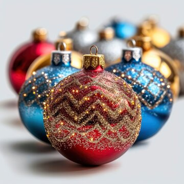 Close Shiny Christmas Toys Balls Glitter On White Background, Illustrations Images