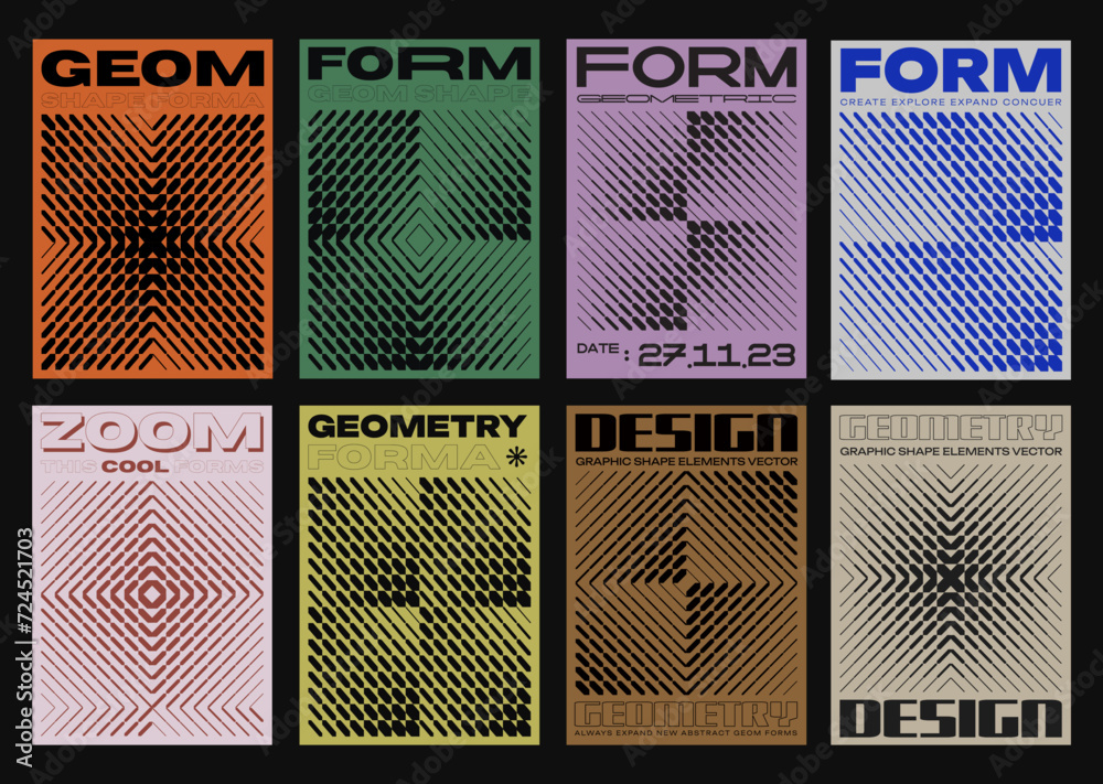 Wall mural Set Of Halftone Geometric Textures Vector Design. Collection of Modern Abstract Futuristic Brutalist Posters.