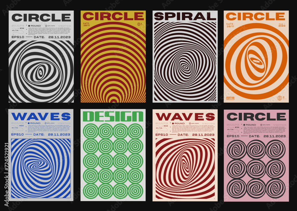 Poster Set Of Cool Abstract Striped Optical Illusion Posters. Collection Of Geometric Shape Placards. Swiss Design Retro Wave Texture.