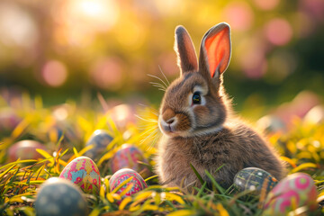 Fototapeta na wymiar Easter bunny with easter eggs generative ai 