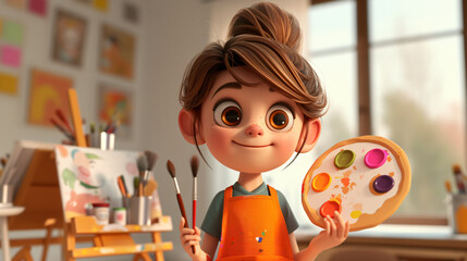 A vibrant 3D headshot illustration of a cartoon girl artist, sporting a bright orange apron and...